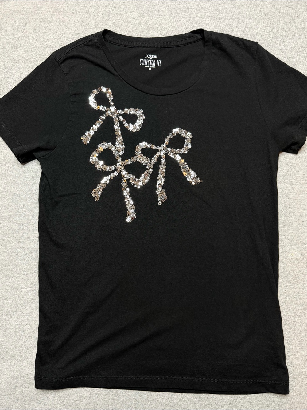 J.Crew Collector Cotton Tee Black Graphic Silver Sequin Bow T-Shirt Size S